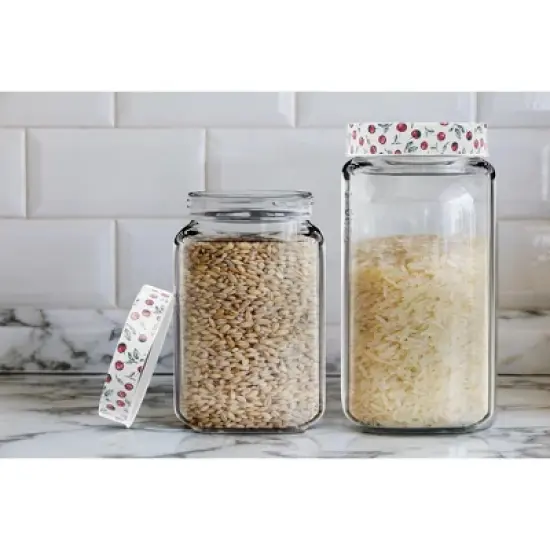 American Atelier Square Clear Glass Jars, Set of 3, Cherry Design on Airtight Lid, For Coffee, Beans, and Dry Goods, 45, 63, and 74-Ounce Capacity image {6}