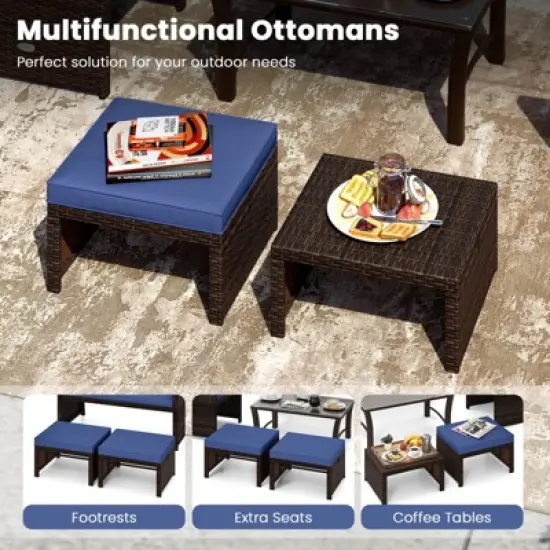 Costway 2 PCS Patio PE Rattan Ottomans with Soft Zippered Cushions for Deck Outdoor White/Navy/Red/Turquoise image {8}