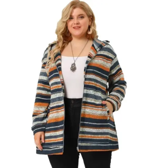 Agnes Orinda Women's Plus Size Zip Up Knit Stripe Printed Long Sleeve Boho Bohemian Hoodies Jackets image {3}