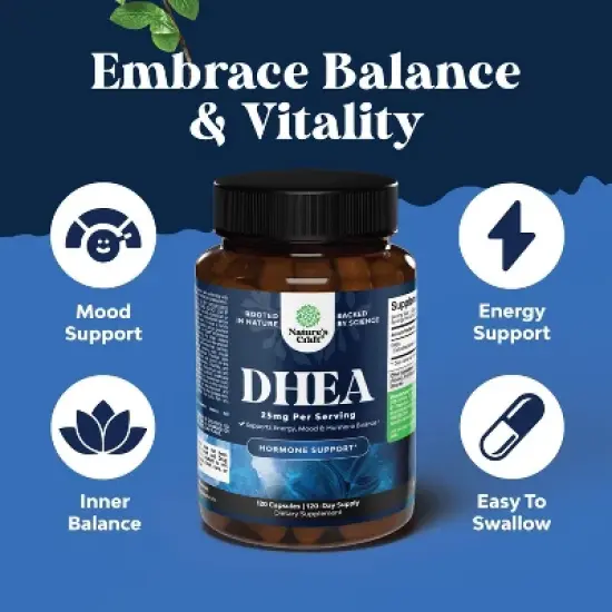 Pure DHEA 25mg for Women & Men, DHEA Supplement for Mood Energy & Immune Support, Hormone Balance Supplement, Nature's Craft, 120ct image {2}