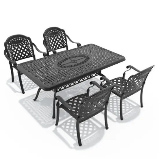 7-Piece Cast Aluminum Outdoor Dining Set with Red Cushions, Rectangle Table & Stackable Chairs - for Patio, Backyard image {2}