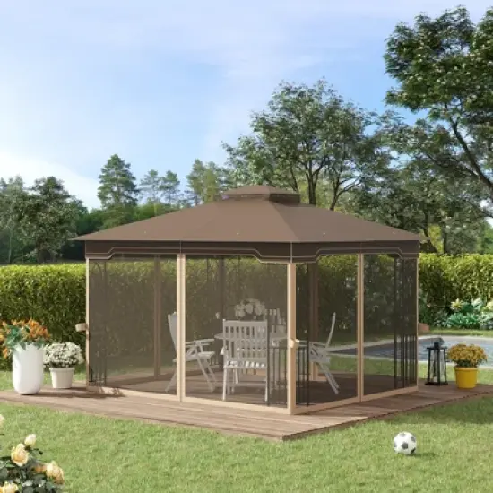 Outsunny 12' x 10' Patio Gazebo Outdoor Canopy Shelter with Double Tier Roof and Netting Sidewalls for Garden, Lawn, Backyard and Deck, Brown image {2}
