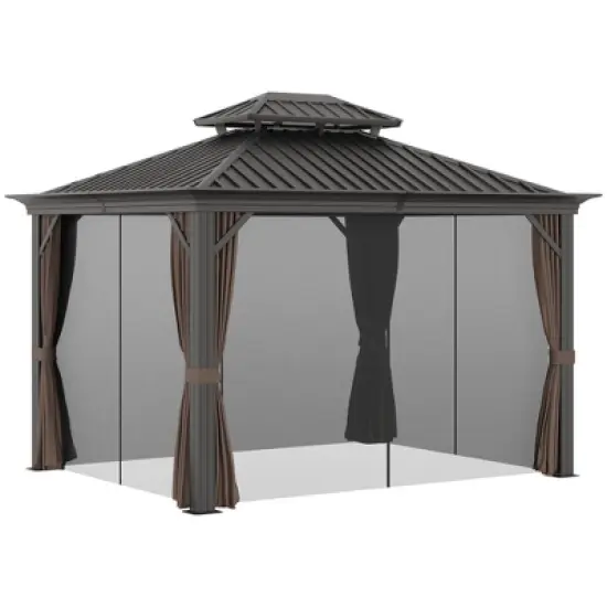 Outsunny Patio Gazebo 12' x 10', Netting & Curtains, Double Vented Steel Roof, Permanent Hardtop, Ceiling Hooks, Rust Proof Aluminum Frame, Dark Brown image {3}