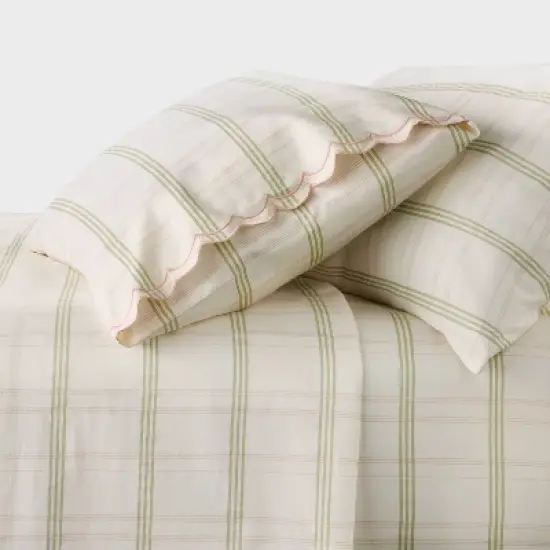 300 Thread Count Scalloped Edge Plaid Sheet Set Cream/Green- Threshold&trade; designed with Studio McGee image {4}