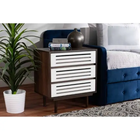 3 Drawer Meike Two-Tone Wood Nightstand Walnut/White - Baxton Studio image {6}