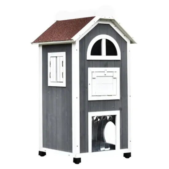 PawHut 43"H Wooden Cat House Feral Cat Shelter Outdoor Kitten Condo 3-Floor Pet Habitat with Asphalt Roof, Escape Doors, Inside Stairs, gray and White image {8}