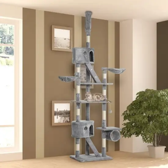 PawHut&nbsp;Floor to Ceiling Cat Tree,&nbsp;94.5"-102.5" Height Adjustable&nbsp;Cat Climbing Tower&nbsp;with Scratching Posts, Condos, Hammocks, Platforms, Dangling Balls image {1}