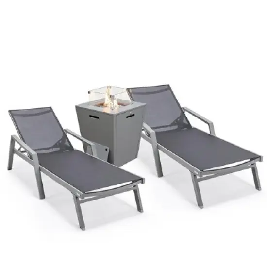 LeisureMod Marlin Patio Lounge Chairs with Arms and Fire Pit Side Table - Grey Trim, Set of 2 image {16}
