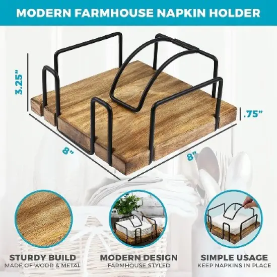 Enlea Farmhouse Napkin Holder for Kitchen & Dining Room Decoration, with Wooden Base, Sturdy Steel & Weighted Arm image {2}