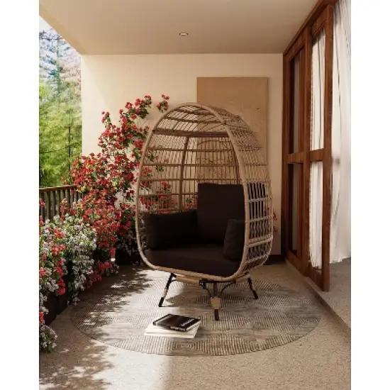 Outdoor Wicker Egg Chair Rattan Chair with Cushion, 360&deg;Swivel Oversized Patio Lounge Chair Steel Frame & Thick Cushions, Black image {6}