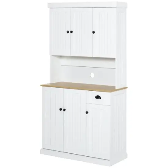 HOMCOM Buffet with Hutch, Kitchen Pantry Storage Cabinet with Microwave Oven Countertop, Drawer, and Cupboards, White image {3}