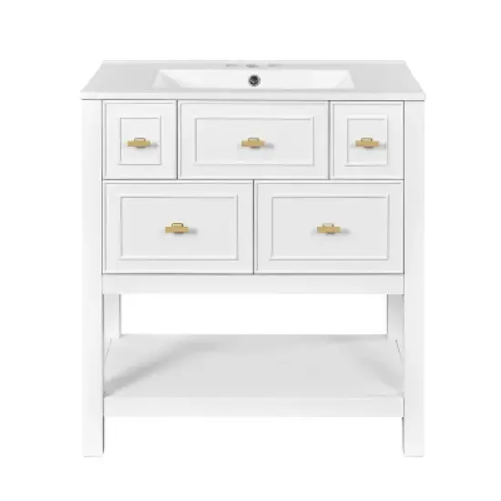 30" Modern Bathroom Vanity with Ceramic Sink, 5 Drawers & Solid Wood Frame, Freestanding Storage Cabinet with Gold Knobs - ModernLuxe image {7}