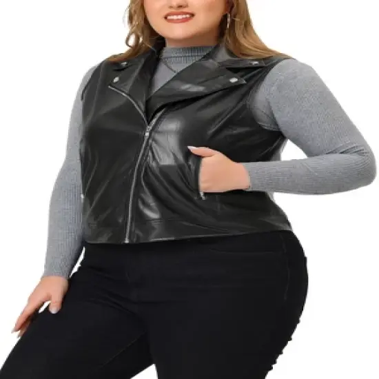 Agnes Orinda Women's Plus Size Leather Motorcycle Zip-Up Riding Biker Crop Vest Jacket image {1}