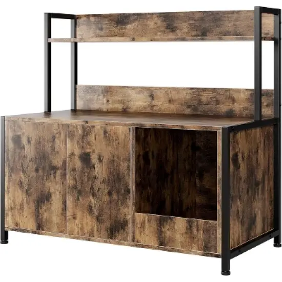 Rustic Brown Cat Litter Box Enclosure with Storage Shelves, Hidden Cabinet with Scratching Pad & Doors image {6}