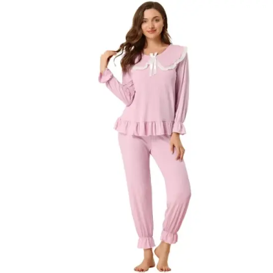 Allegra K Women's Sleepwear Lounge Peter Pan Collar Long Sleeve Ruffle Pajama Set image {7}
