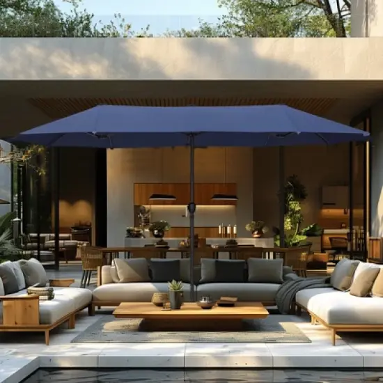 Captiva Designs 8pc Patio Dining Set with Rectangular Table & Armrest Rattan Chairs & Market Umbrella image {10}