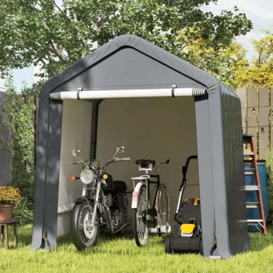 Tangkula 6.5 x 6 FT Portable Motorcycle Bike Shed w/ Roll up Zipper Door Ratchet Strap image {1}