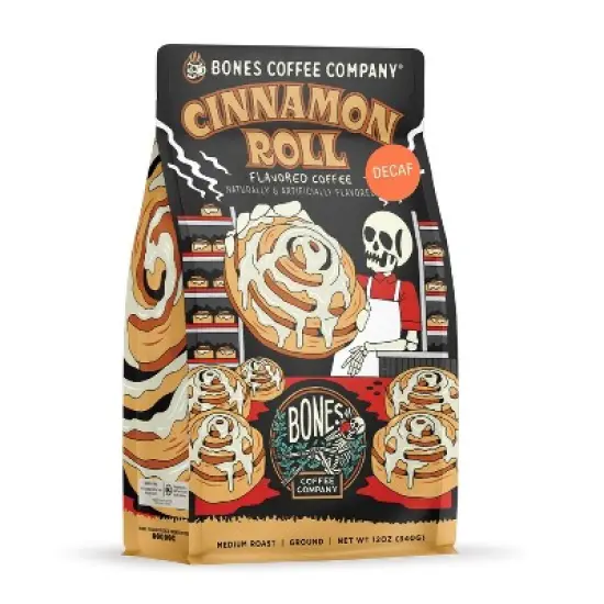 Bones Coffee Company Cinnamon Roll Flavored Medium Roast Decaffeinated Coffee 12 oz (Ground) image {8}
