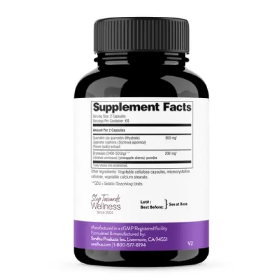 Sandhu's Quercetin with Bromelain 1000mg Per Serving 120 Count Vegetarian Capsules for Men & Women | Supports Immune & Respiratory Health image {1}