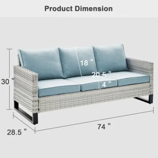 POCASSY 74.4" Outdoor Wicker Couch with Metal Armrest, 3-Seater Couch with Square Armrest Patio Furniture Sofa for Porch Balcony image {7}
