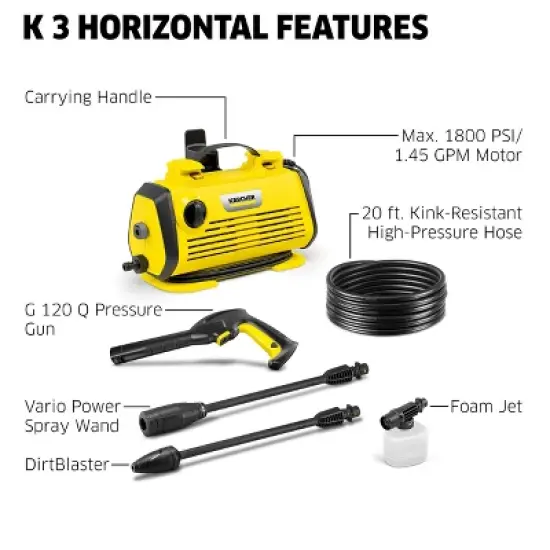 Karcher K 3 Horizontal Electric Pressure Washer, Max 1800 PSI, 1.4 GPM image {2}