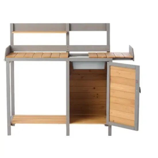 PAGED Outdoor Potting Bench, Wooden Workstation Table with Cabinet for Backyard Garden Supplies, Brown image {3}