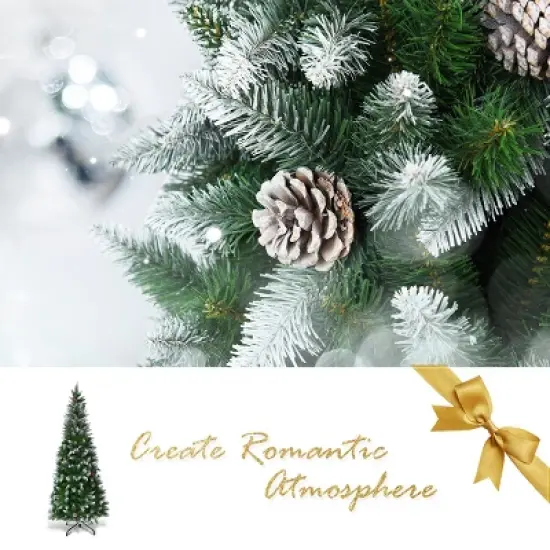 Costway 6ft Snow Flocked Unlit Pencil Christmas Tree Hinged Pine Cones image {8}