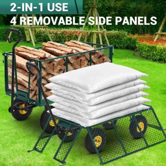 Heavy Duty Steel Garden Cart,550 LBS Capacity 3-in-1 Pullable Metal Wagon with 10" Pneumatic Wheels,180&deg;Rotating Handle & Removable Sides, Green image {4}