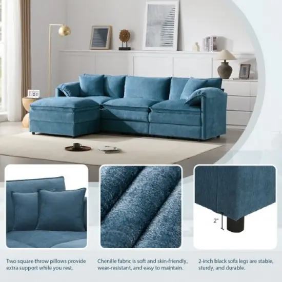 YOOCOZZ Double-Cushion Chenille Sectional Sofa with 2 Movable Ottomans and Armrest Pillows image {3}