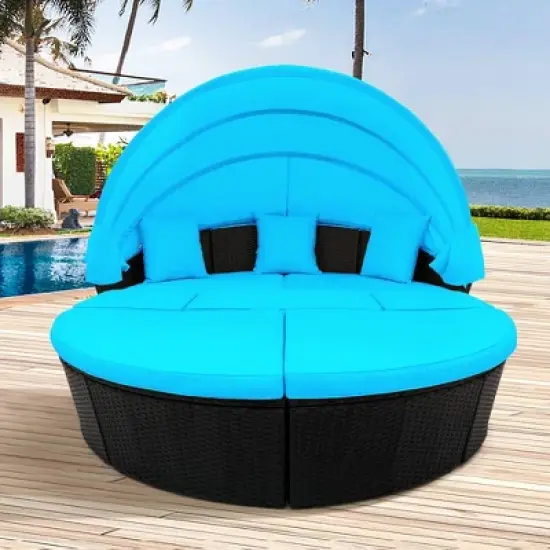 6pc Wicker Round Outdoor Sectional Set with Cushions - Black/Blue - GODEER image {3}