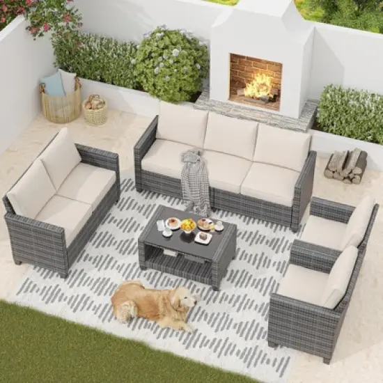 5-Piece Rattan Patio Furniture Set - 7-Seat Outdoor Furniture Sectional Sofa with Storage Table, Wicker Patio Furniture Set with Cushions image {8}