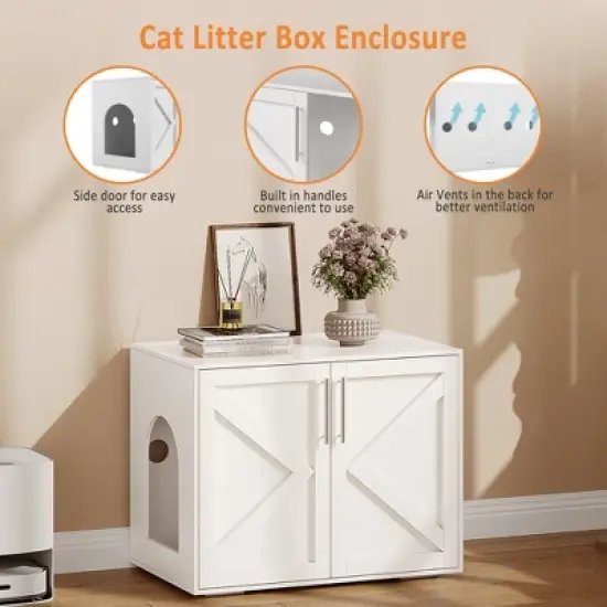 Cat Litter Box Enclosure, Farmhouse Rustic Wooden Cat Washroom Furniture with Barn Doors, Hidden Litter Box Cabinet End Table for Indoor Home, White image {4}