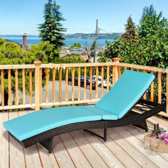 Costway Patio Rattan Folding Lounge Chair Chaise Adjustable W/White\Turquoise Cushion image {10}