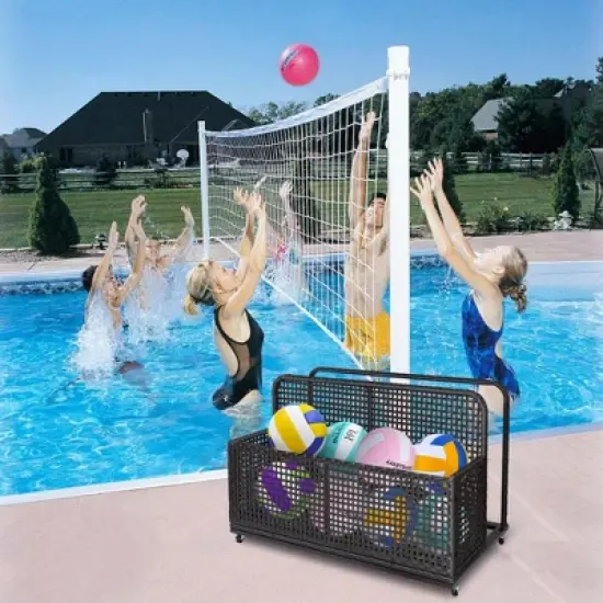 Outdoor Wicker Pool Float Storage, Rolling PE Rattan Caddy with Wheels, Poolside Organizer for Cushions, Noodles, Life Vests and Toys image {3}