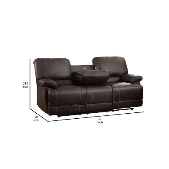 Leather Double Reclining Sofa with Drop Down Cup Holders Brown - Benzara image {4}