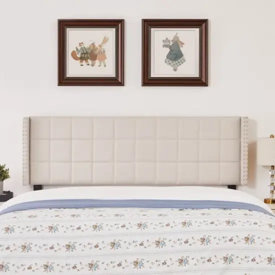 Linen Upholstered Headboard, Tufted Nailhead & Double Wingback, 6 Adjustable Position image {3}