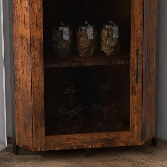 CuisinSmart Corner Wine Bar Cabinet with Detachable Wine Rack, Bar Cabinet with Glass Holder, Small Sideboard and Buffet Cabinet with Mesh Door image {5}