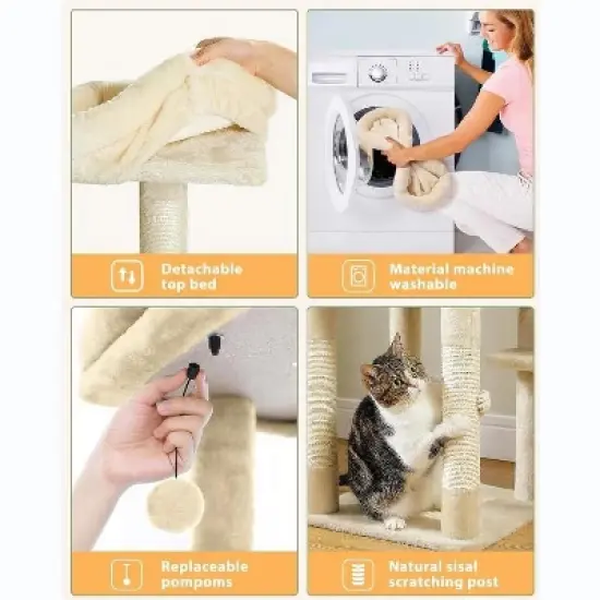 QuestaPack 59" Cat Tree, Tall Cat Tree for Large Cat, Multi-Level Cat Tower with 3 Removable Pompom Sticks image {4}