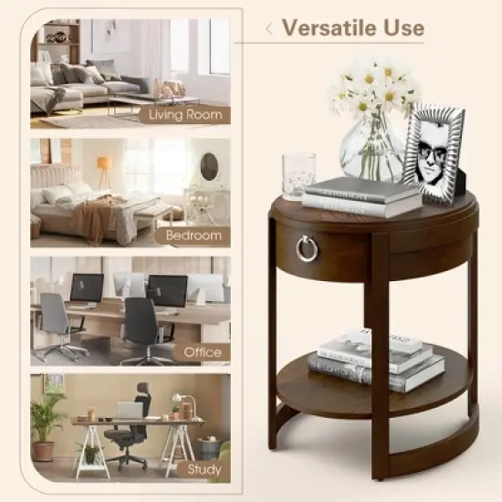 Costway  Side End Table with Drawer Storage Shelf Classic Accents Nightstand Walnut Elliptical image {7}