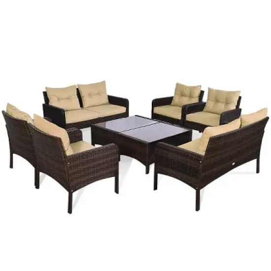 Tangkula 4 Pieces Patio Conversation Set Rattan Wicker Loveseat Sofa Coffee Table & Glass Top image {3}