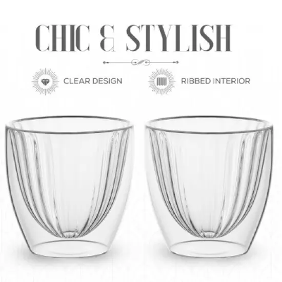 Elle Decor Ribbed Double Wall Set of 2 Coffee Cups, Ribbed Insulated Glass, Clear, 8-Ounce image {3}