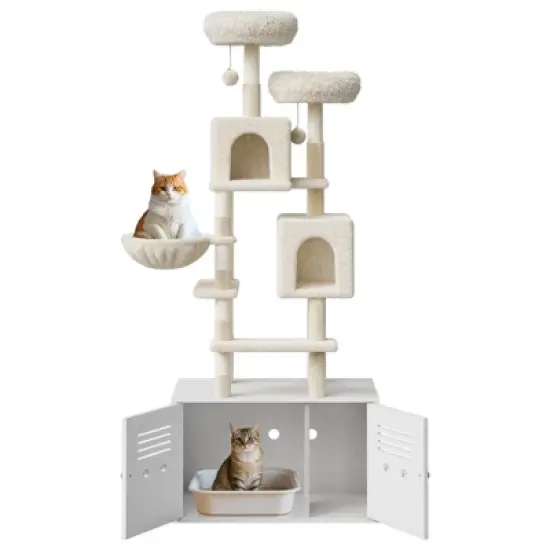 Tall Cat Tree with Litter Box Enclosure 2-in-1 Modern Large Cat Tower with Double Condos/Scratching Posts/Hammock, Cats Hidden Litter Box Furniture image {7}