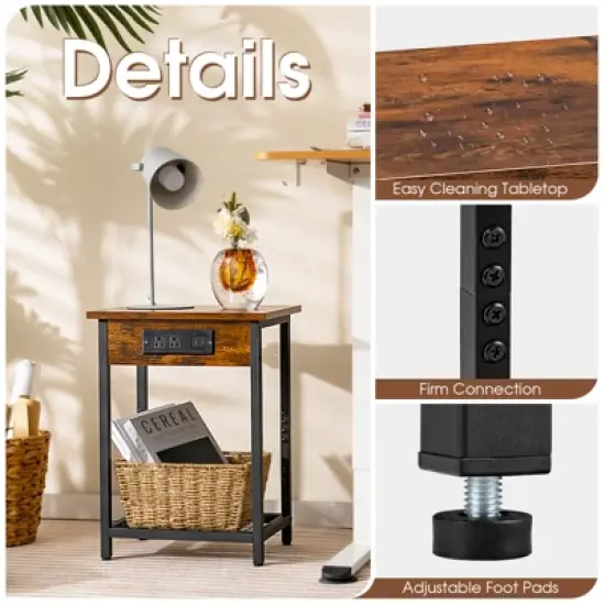 Costway Set of 2 End Tables with Charging Station Industrial Bed Side Table with AC Outlets & USB Port Rustic Brown image {5}