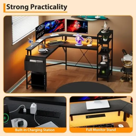 61 Inch L Shaped Home Office Gaming Desk with Outlets - Built-in LED Lights & 5-Shelf System image {7}