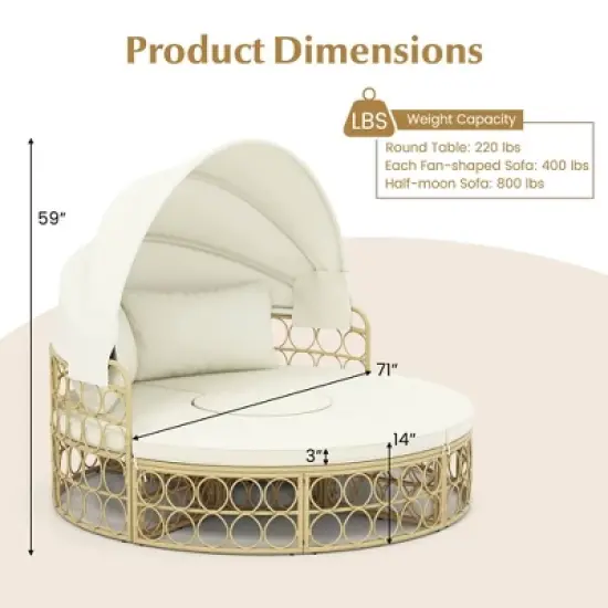 Tangkula Round Daybed w/ Retractable Canopy Soft Cushions for Patio Beige & Off White image {4}