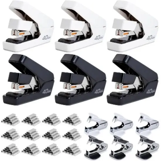 Deli Stapler, Effortless Staplers for Desk,  6 Pack, Black&White, 40 Sheet Capacity Heavy Duty, One Touch, with 2000 Staples & Staple Remover image {1}
