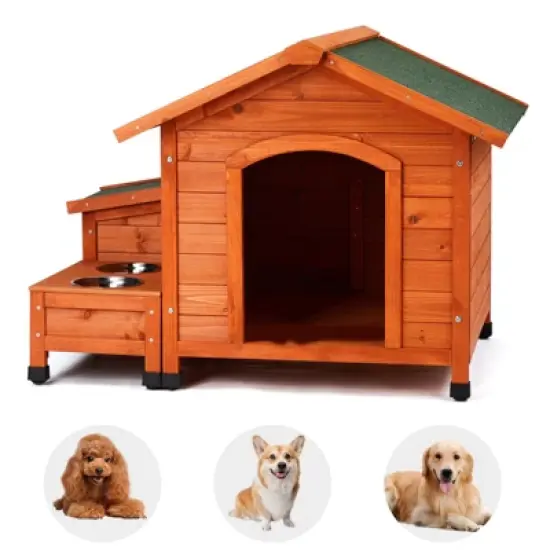 phiestina Wooden Feral Dog House, 32"x34.5"x29.5", with Food Bowl & Storage Bucket for Indoor/Outdoor Use image {8}