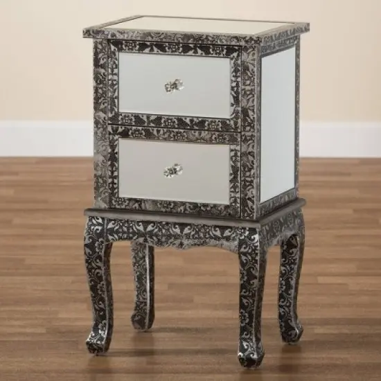 Wycliff Metal and Mirrored Glass 2 Drawer Nightstand Dark Gray/Silver - Baxton Studio image {7}