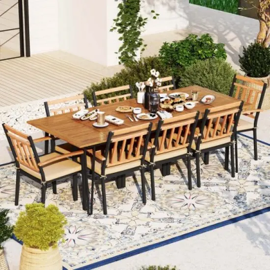 Costway 9 PCS Patio Dining Set with 8 Chairs  Acacia Wood Table Top Umbrella Hole for Yard image {3}