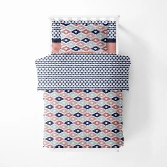 Bacati - Aztec Print Emma Coral Mint Navy 4 pc Toddler Bedding Set image {3}